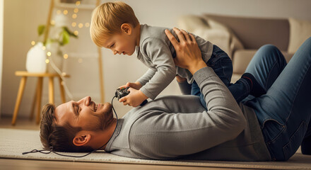 A father and son share a joyful moment playing video games, celebrating Father's Day at home.