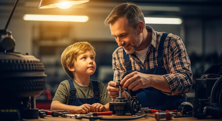 A father and son share a special moment in a workshop, repairing and bonding.