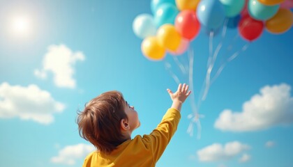 Joyful child reaching for colorful balloons against bright blue sky with white clouds. Evokes happiness, childhood freedom, summer fun, playful imagination. Sunny day, vibrant atmosphere, sense of