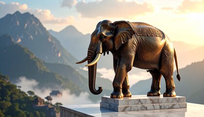 Fototapeta premium Monumental Elephant Statue in Mountainous Landscape, Bronze Elephant on Marble Platform Overlooking Tranquil Mountains