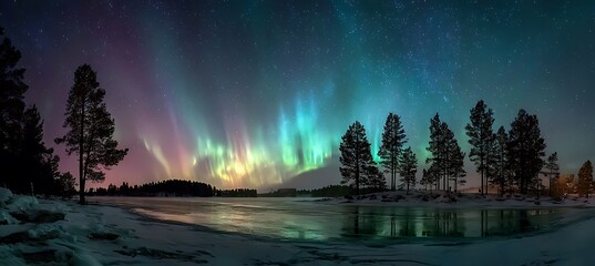 Vibrant aurora lights swirling above icy lake and silent forest of pine trees