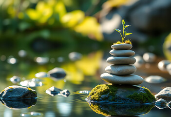 Obraz premium Zen nature scene, featuring balanced stones with plant growing from top. Green moss, water reflection, bokeh, sunlight. Harmony, well-being. For wellness, spa, meditation, alternative medicine themes