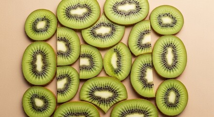 Sliced kiwi fruit arranged in a pattern on a beige surface, top view