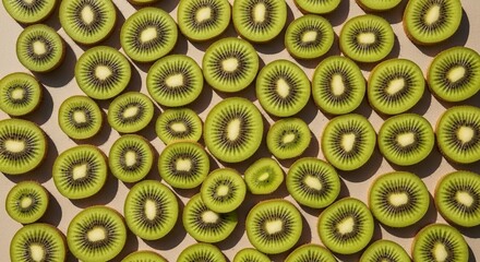 Sliced kiwi fruit arranged in a pattern on a beige surface, top view