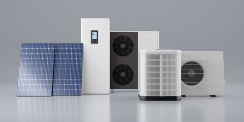 Heat pump with solar panels, 3d illustration
