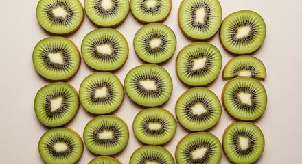 Sliced kiwi fruit arranged in a pattern on a beige surface, top view