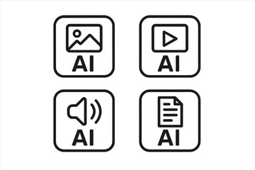 AI icon set for media generation. Artificial intelligence generating image, video, audio, text. UI UX buttons for website and app interface design. Line art pictogram collection.