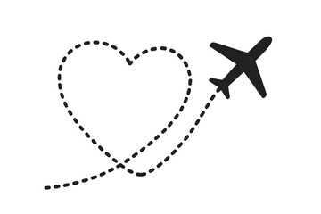 Airplane with Heart Shaped Flight Path, Dotted Line Route, Romantic Travel, Honeymoon Journey, Love Holiday, Aviation Symbol, Transparent Vector Illustration