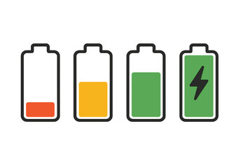 Battery charge level indicator icon set. Smartphone power status bar collection. Low, medium, full and charging energy symbols for mobile app, web design and user interface.