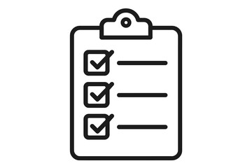 Checklist Icon with Clipboard, Marked Tasks, To-Do List, Survey Form, Task Management, Minimal Line Art, Black and White, Business Organization, Productivity Concept, Vector Illustration