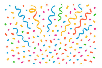Festive Colorful Confetti and Streamers Falling on White Background. Celebration Party Decoration. Vibrant Multicolor Paper Sprinkles. Carnival, Birthday, New Year, Event Vector Illustration