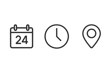Calendar Date, Clock Time, Location Pin Icon Set. Event, Meeting, Wedding, Schedule, Appointment, Invitation, RSVP, Transparent Vector. Modern Line Symbol Collection