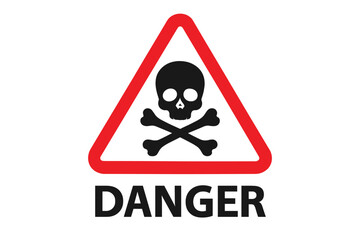 Danger sign with skull and crossbones. Warning symbol in red triangle. Toxic hazard, poison alert icon. Vector illustration for safety, risk, attention, caution. Death.