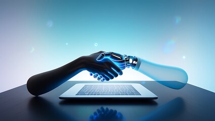 Human and Artificial Intelligence Handshake over Laptop, Symbolizing Collaboration and Technological Advancement,  A Futuristic Partnership: Human Handshakes Robotic Arm on a Sleek Laptop