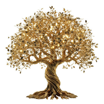 A golden tree with a twisting trunk and glowing leaves. It symbolizes prosperity, growth, and the beauty of nature.