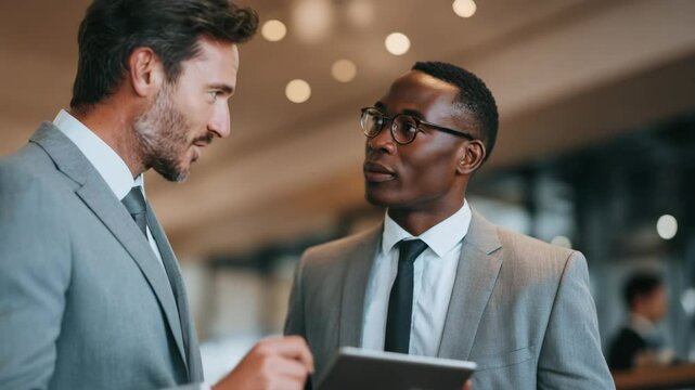 Two business professionals in modern office where senior man explains something important to junior colleague during serious talk, then walks away