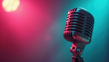 Retro microphone on colorful background with glowing lights, copy space. Iconic music equipment for disco party, karaoke, concert, live show. Vintage mic perfect for event promotion, entertainment,