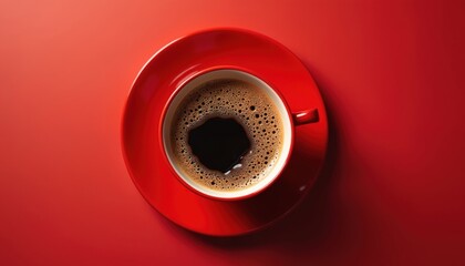 Top view of red cup filled with coffee, featuring foam, bubbles. Beverage sits on matching red saucer against solid red background. Clean, graphic image suitable for menus, packaging, invitations,