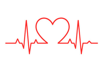 Red Heartbeat Line with Heart Shape, ECG EKG Pulse Graph, Cardiology Medical Symbol, Heart Rate Monitor, Vector Illustration, Isolated on White Background