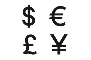 International currency symbol icon set. World money signs collection. Dollar, euro, pound, and yen. Finance, business, and economy concept. Vector cash payment illustration.