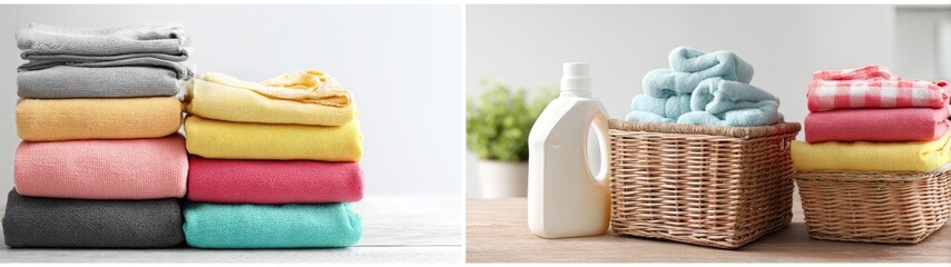 Neatly stacked and folded pastel clothing, some in baskets, alongside laundry detergent