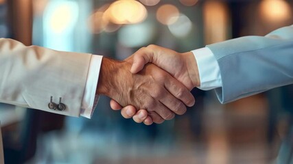 Close-up handshake between two professionals in formal attire, ideal for business, agreement, or partnership visuals	 - Powered by Adobe