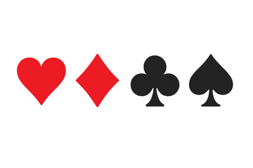 Playing Card Suits Vector Illustration. Red Heart, Diamond, Black Club, Spade Symbols. Classic Deck Icons. Isolated Transparent Background. Casino, Poker, Gambling Design Elements