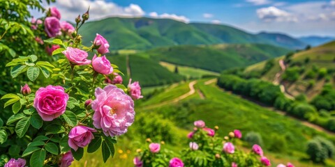 Obraz premium Close-up view of Rosa damascena shrub with fragrant flowers and green leaves in a Bulgarian valley, surrounded by rolling hills , botanical garden, close up flower