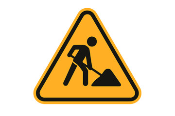 Construction Zone Warning Sign. Road Work Ahead. Caution Sign with Worker Digging. Yellow Triangle Safety Symbol. Vector Illustration. Traffic Alert. Hazard Icon. Transparent Background.