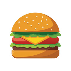 Hamburger with Sesame Seed Bun, Tasty Fast Food Vector Illustration


