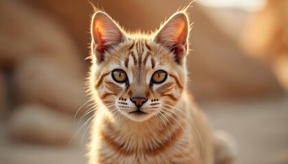 Ginger cat sits on hind legs, stretching body with head on gray surface. Slightly blurred fur has distinctive stripes, blending with blurred background of light and dark hues.