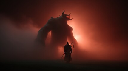 Fototapeta premium Epic battle scene with hero facing massive creature in fiery mist