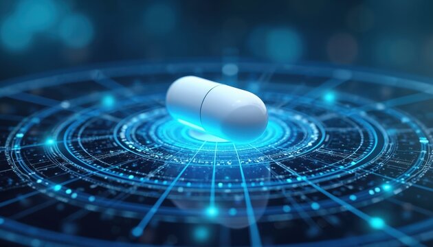 Futuristic digital interface centers on white capsule surrounded by intricate blue elements representing Artificial Intelligence in healthcare. Advanced technology innovation in medicine, research, - Powered by Adobe