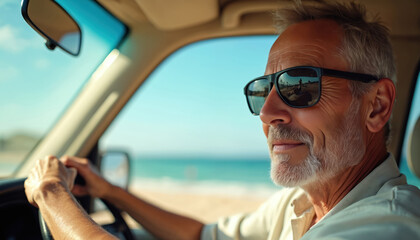 Naklejka premium Mature man with sunglasses drives car towards sunny beach. Ocean visible through windshield. Captures thrill of summer travel, coastal road trip. Experienced driver enjoys scenic seaside drive.