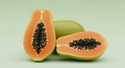Whole and halved papaya with seeds on a soft pastel background, minimalistic style