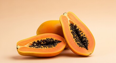 Whole and halved papaya with seeds on a soft pastel background, minimalistic style