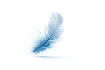 A single, light-blue feather floats against a stark white background, seemingly in motion, with subtle dust particles emanating from it, casting a soft shadow