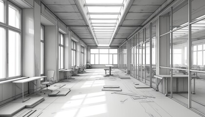 Obraz premium Modern office space undergoing renovation. Construction progress shows bare walls, new windows, furniture installation in contemporary workplace design. Renovation project focuses on improved