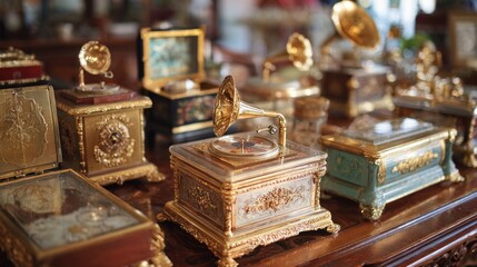 Ornate music boxes on display