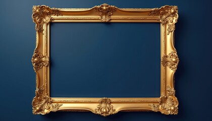 Ornate gold frame with intricate scrolling details on solid blue background. Classic, vintage border offers luxurious, elegant presentation for photos artwork. Decorative design provides ample copy
