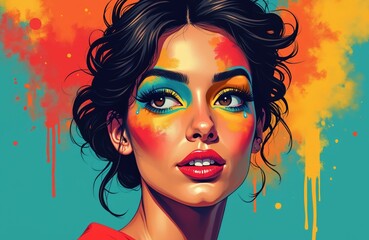 Fototapeta premium Vibrant illustration captures woman face with bold pop art makeup in retro style. Bright colors, expressive eyes convey modern aesthetic. Artwork suits graphic design, fashion posters, creative