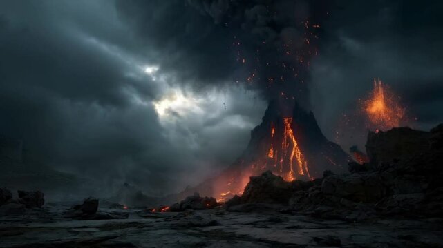 Huge volcanic explotion with black smoke and lava under storm sky