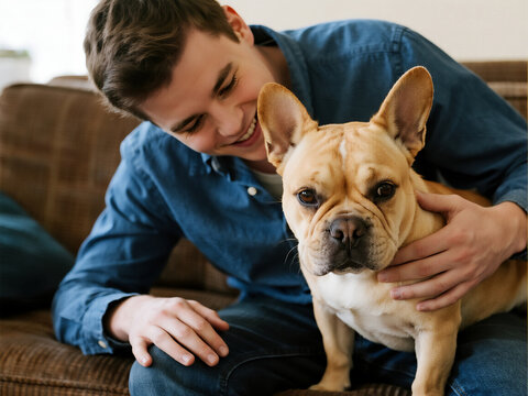 Young man with a French Bulldog dog sitting on a sofa at home, smiling and petting his animal friend.