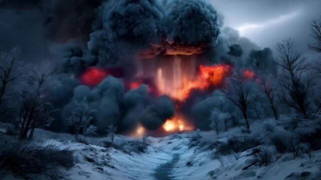 Massive explosion with bright orange fireball rising in forest night