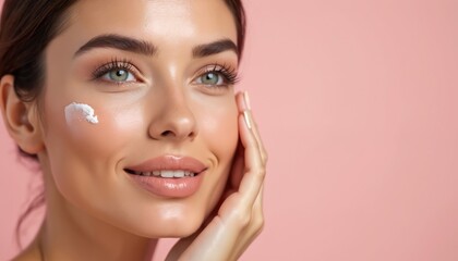 Close-up of a woman applying cream to her radiant, smooth face. Skincare routine promotes youthful glow, confidence, and healthy skin. Cosmetic application in a professional beauty setting.