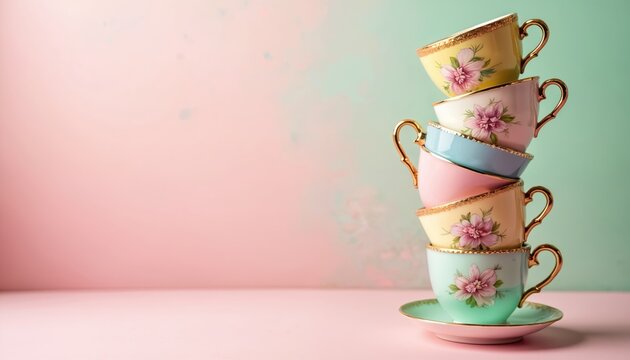 Stacked tea cups in vibrant colors, unique designs, pyramid shape on gray surface. Cups arranged from bottom left to top right, slightly overlapping each other. Elegant illustration.