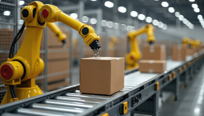 Busy manufacturing floor with two yellow robots on conveyor belt. One robot lifts and pushes brown box, complex assembly line operation in background.