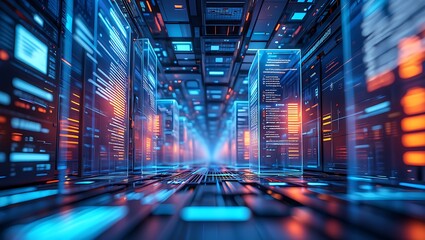 Cyberpunk Server Room with Code and Glowing Lights, Futuristic Data Center with Servers and Digital Information Streaming Through