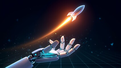 Robot Hand Launching Rocket with Trail of Fire on Dark Background, Abstract Robot Hand Releasing a Rocket Representing Innovation and Technology Growth