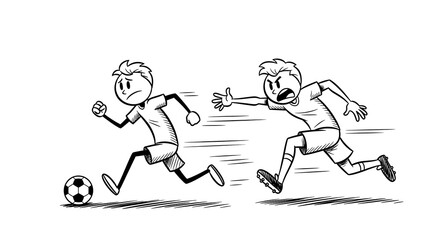 Fototapeta premium Two cartoon figure engaging in a dynamic soccer match, a black and white illustration. One player kicks the ball while the other tries to stop him